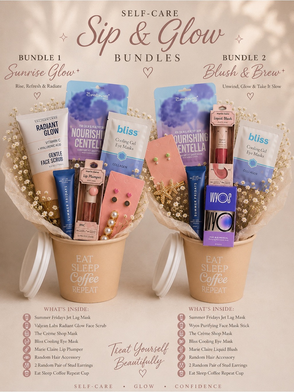 Self-Care Sip & Glow 8 Piece Bundle — Retail over $90